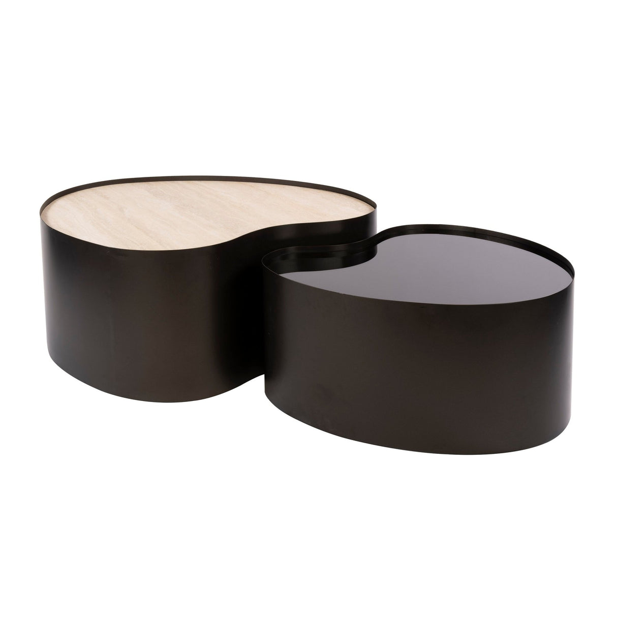 Set of 2 organic coffee tables Moony – metal frame & ceramic travertine look and glass