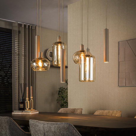 Hanglamp - Hanglamp Sera 7 - lichts beige metaal amber glas - Dimehouse