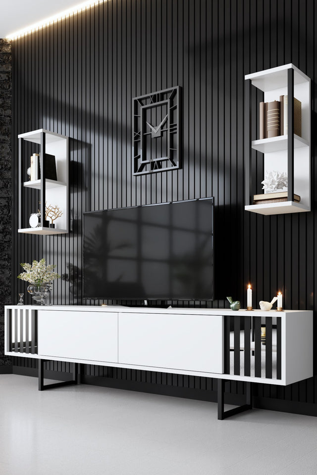 TV Meubels - TV Meubel Set Chrome Line Wit Zwart Melamine 180x48x30 cm - Dimehouse