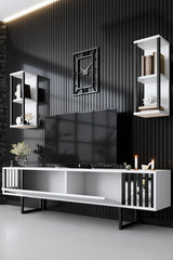 TV Meubels - TV Meubel Set Chrome Line Wit Zwart Melamine 180x48x30 cm - Dimehouse