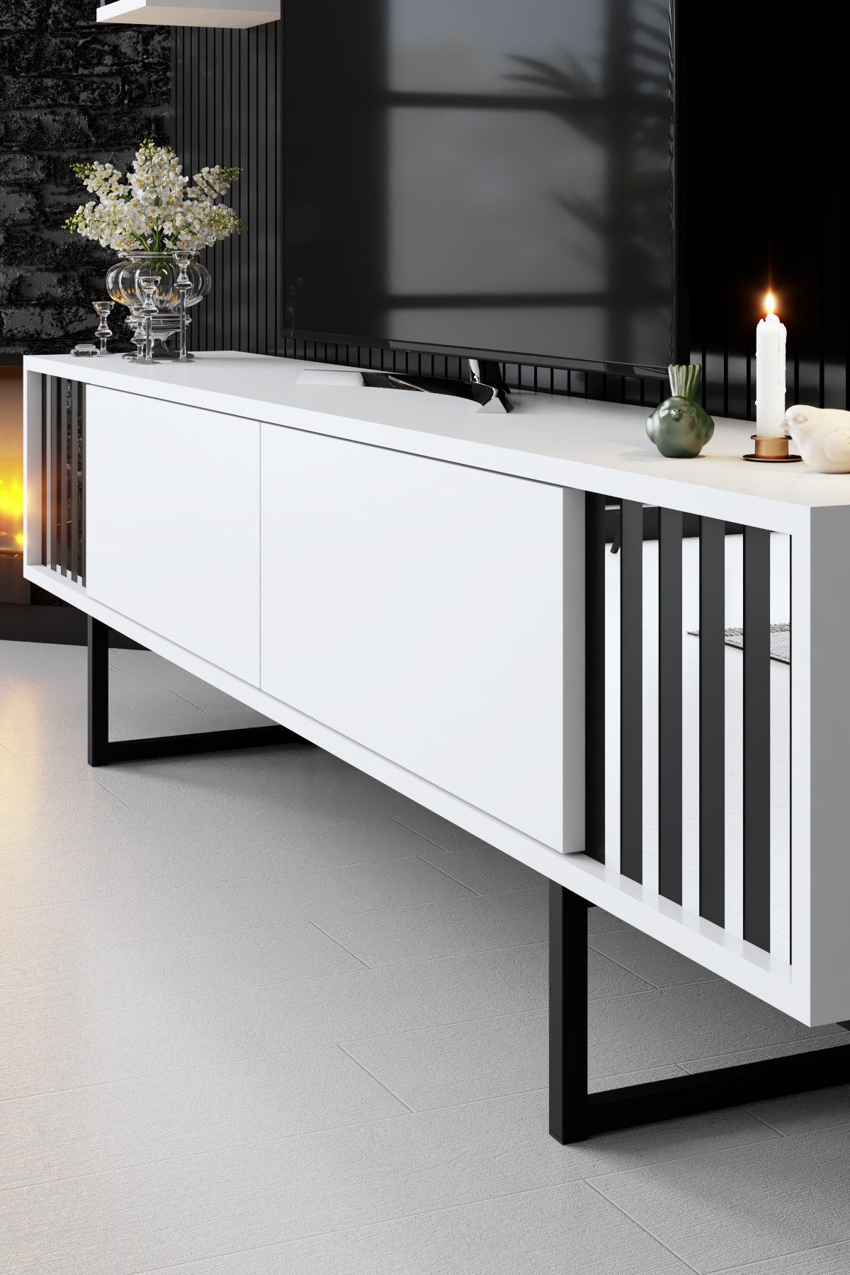 TV Meubels - TV Meubel Set Chrome Line Wit Zwart Melamine 180x48x30 cm - Dimehouse