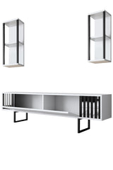 TV Meubels - TV Meubel Set Chrome Line Wit Zwart Melamine 180x48x30 cm - Dimehouse