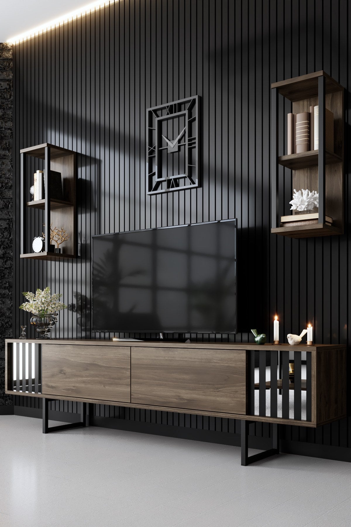 TV Meubels - TV Meubel Set Chrome Line Walnoot Zwart Melamine 180x48x30 cm - Dimehouse