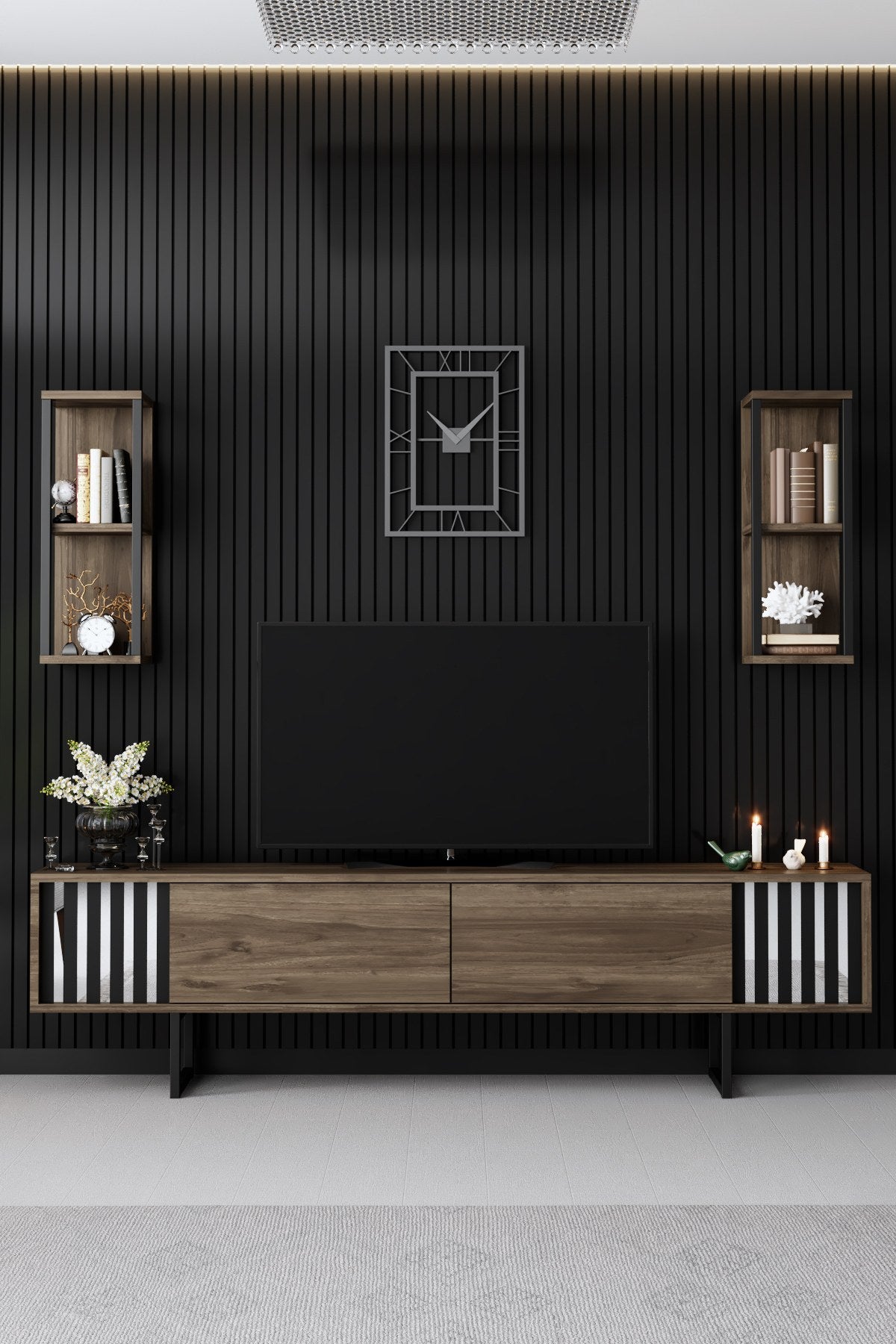 TV Meubels - TV Meubel Set Chrome Line Walnoot Zwart Melamine 180x48x30 cm - Dimehouse