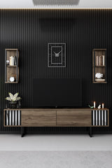 TV Meubels - TV Meubel Set Chrome Line Walnoot Zwart Melamine 180x48x30 cm - Dimehouse
