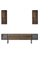 TV Meubels - TV Meubel Set Chrome Line Walnoot Zwart Melamine 180x48x30 cm - Dimehouse