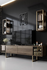TV Meubels - TV Meubel Set Gold Line Walnoot Zwart Melamine 180x48x30 cm - Dimehouse