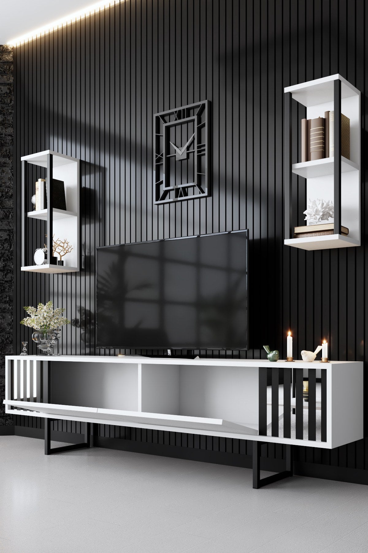 Meubelsets - Meubelset Wit - Zwart - Chrome Line - Salontafel + TV Meubel - Dimehouse