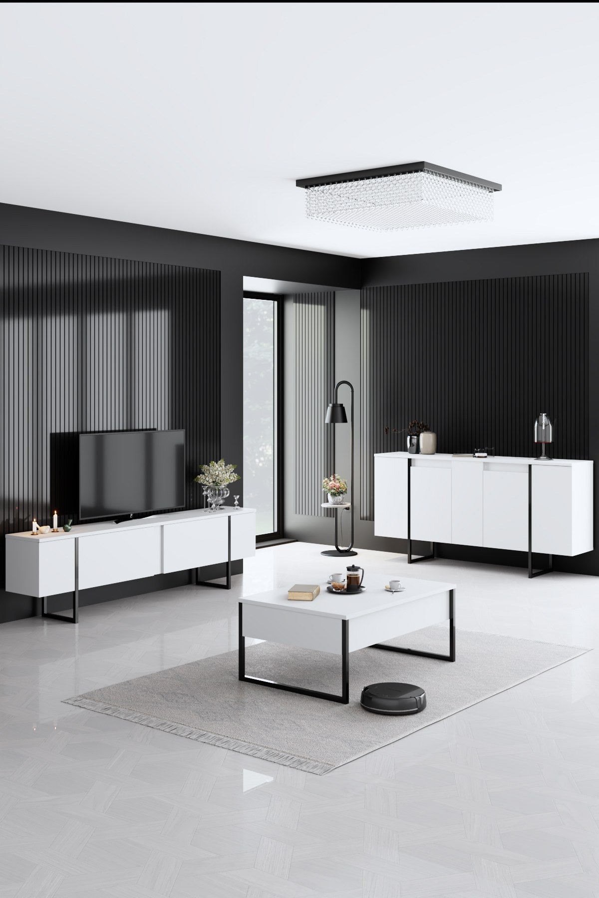 Modern Dresser White Luxury 160x80x35 - Black Frame
