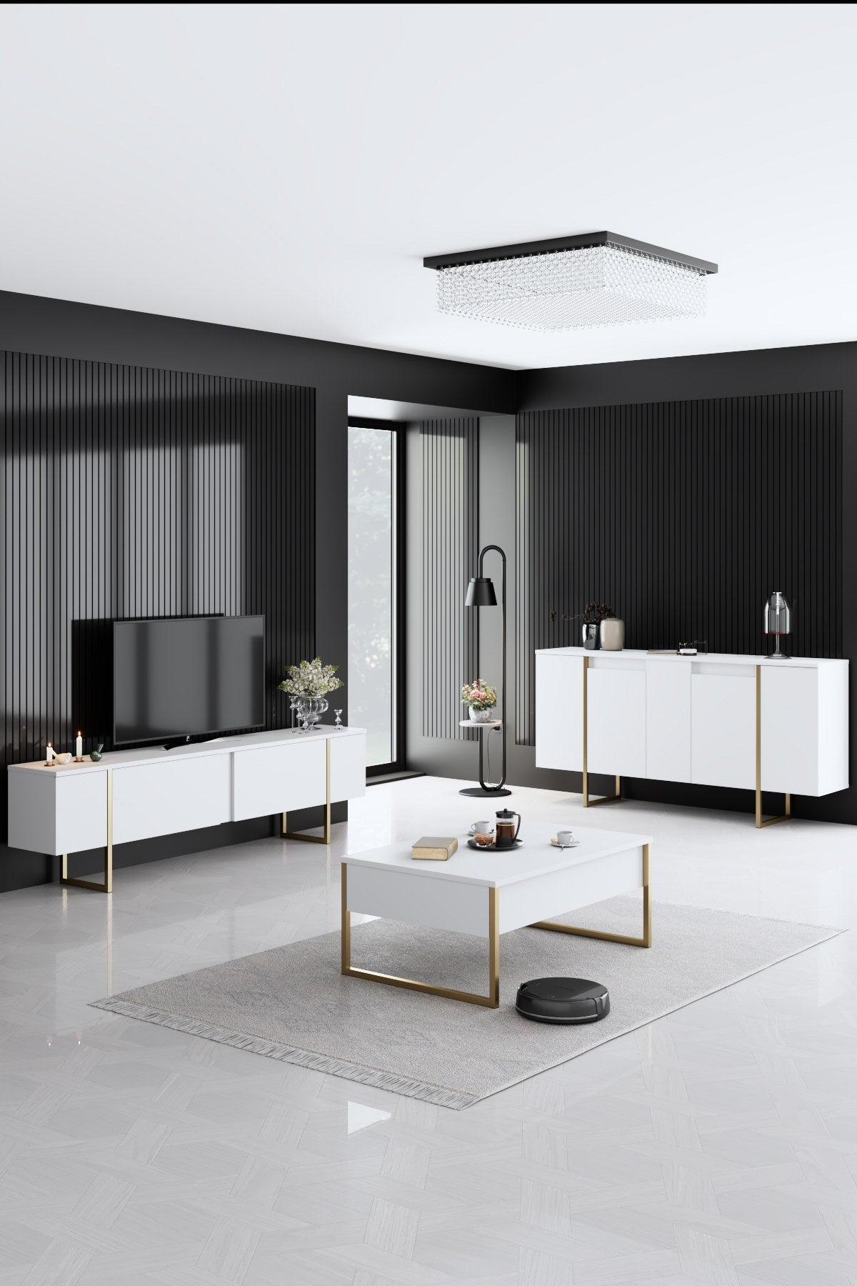 Modern Dresser White Luxury 160x80x35 - Gold Frame