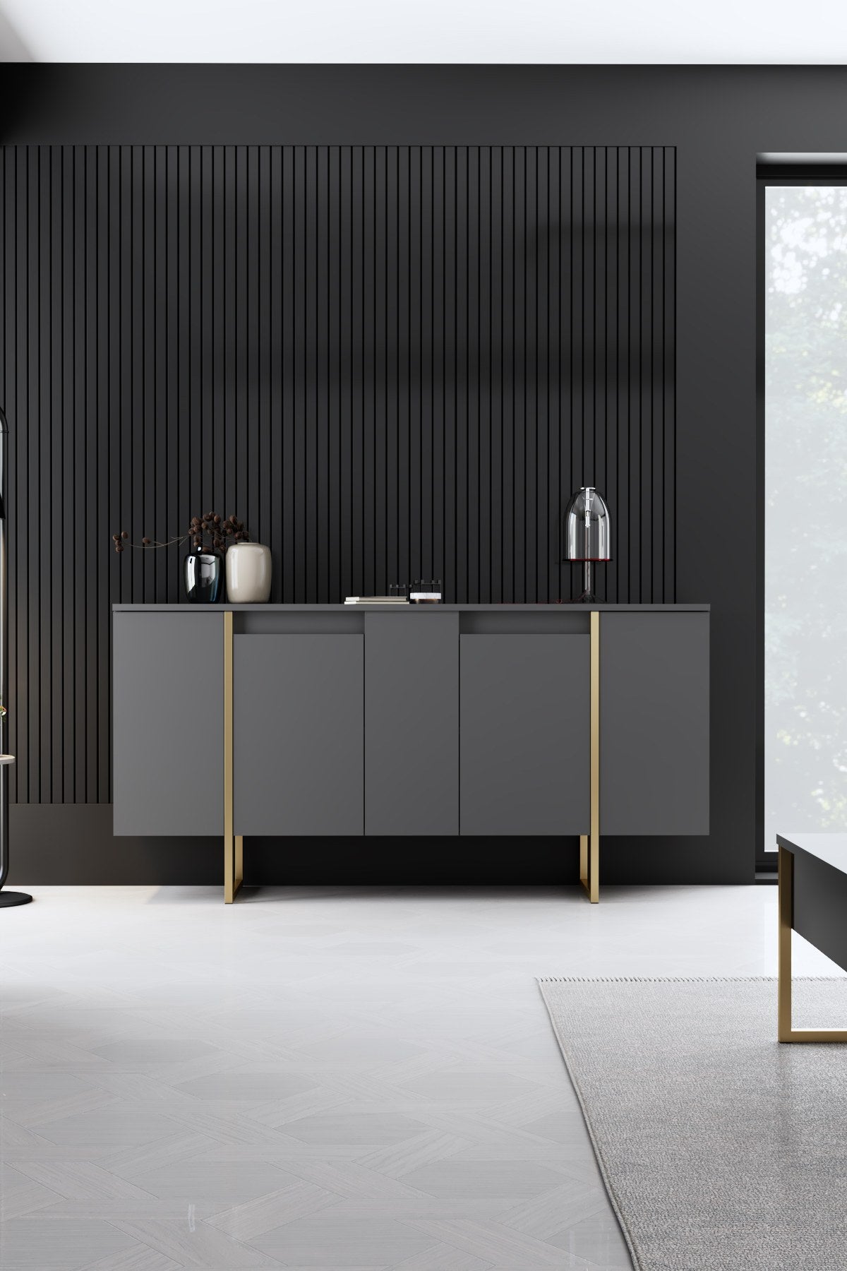 Meubelsets - Meubelset Antraciet Luxe - Salontafel + TV Meubel + Dressoir - Gouden Frame - Dimehouse