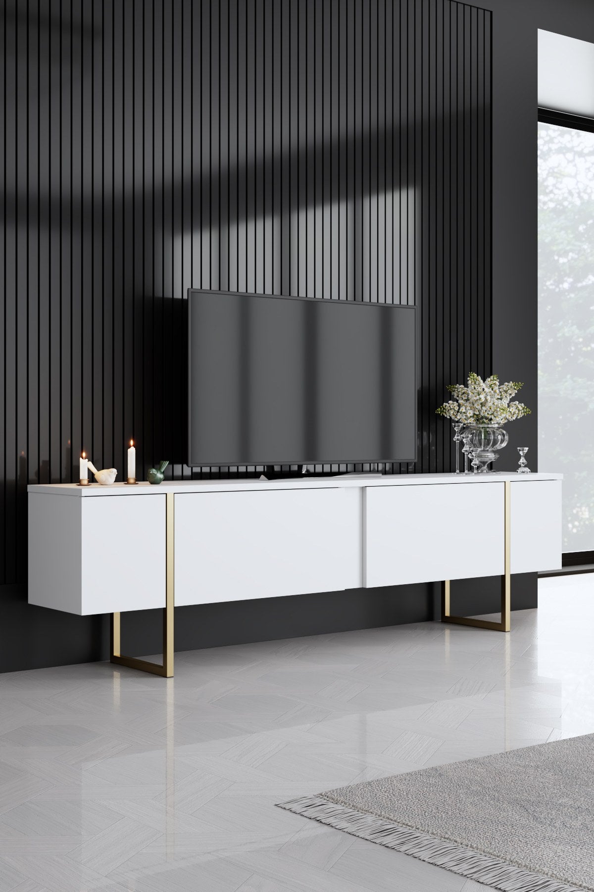 Furniture Set White Luxury - Coffee Table + TV Cabinet + Dresser - Gold Frame