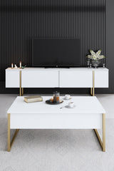 Furniture Set White Luxury - Coffee Table + TV Cabinet + Dresser - Gold Frame