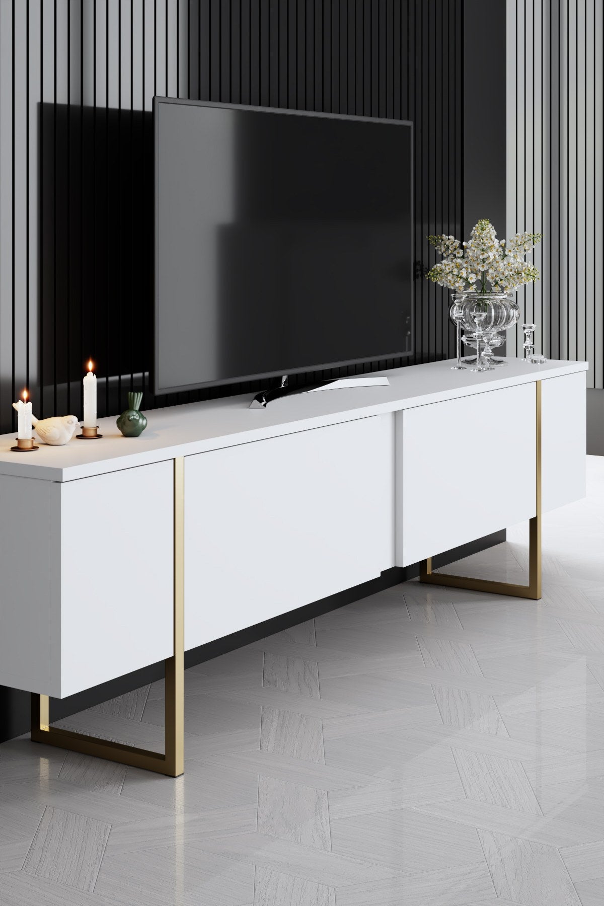 Furniture Set White Luxury - Coffee Table + TV Cabinet + Dresser - Gold Frame