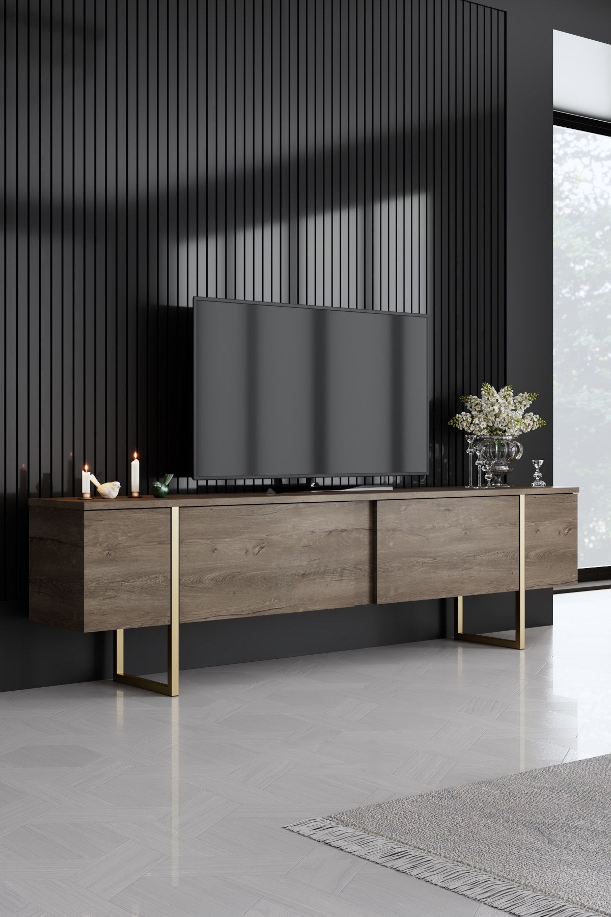 Furniture set Walnut Luxe - Coffee table + TV cabinet + sideboard - Gold frame