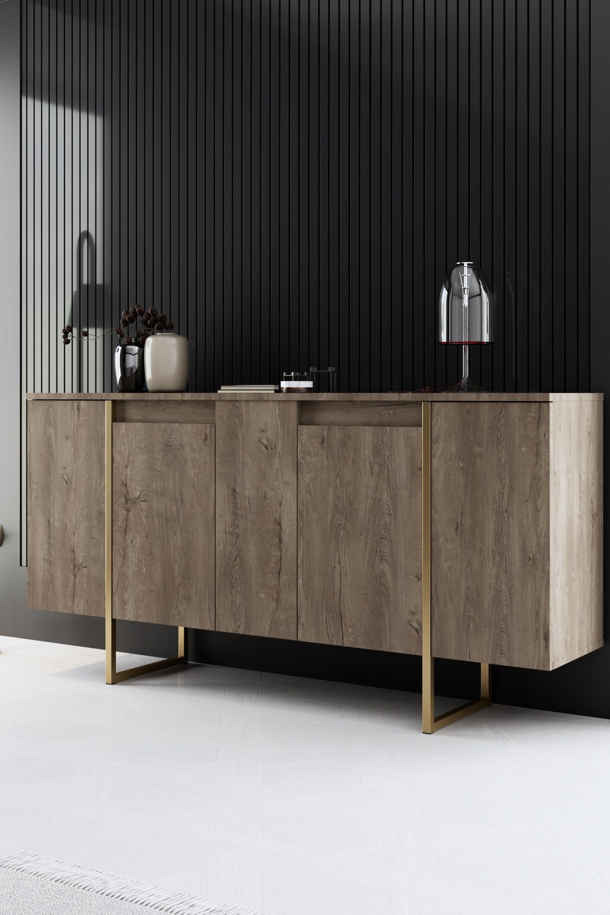 Furniture set Walnut Luxe - Coffee table + TV cabinet + sideboard - Gold frame