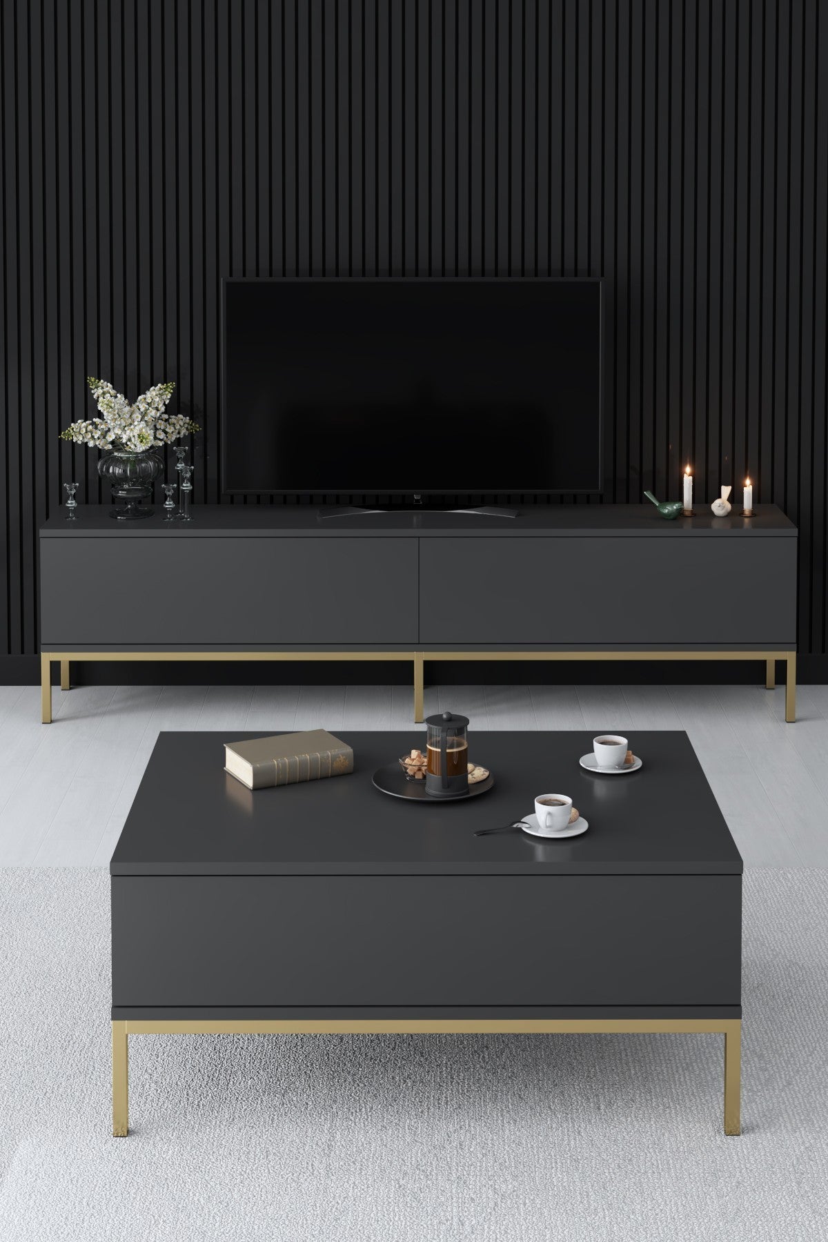 TV Meubels - TV Meubel Lord Antraciet Goud Melamine 180x47x30 cm - Dimehouse
