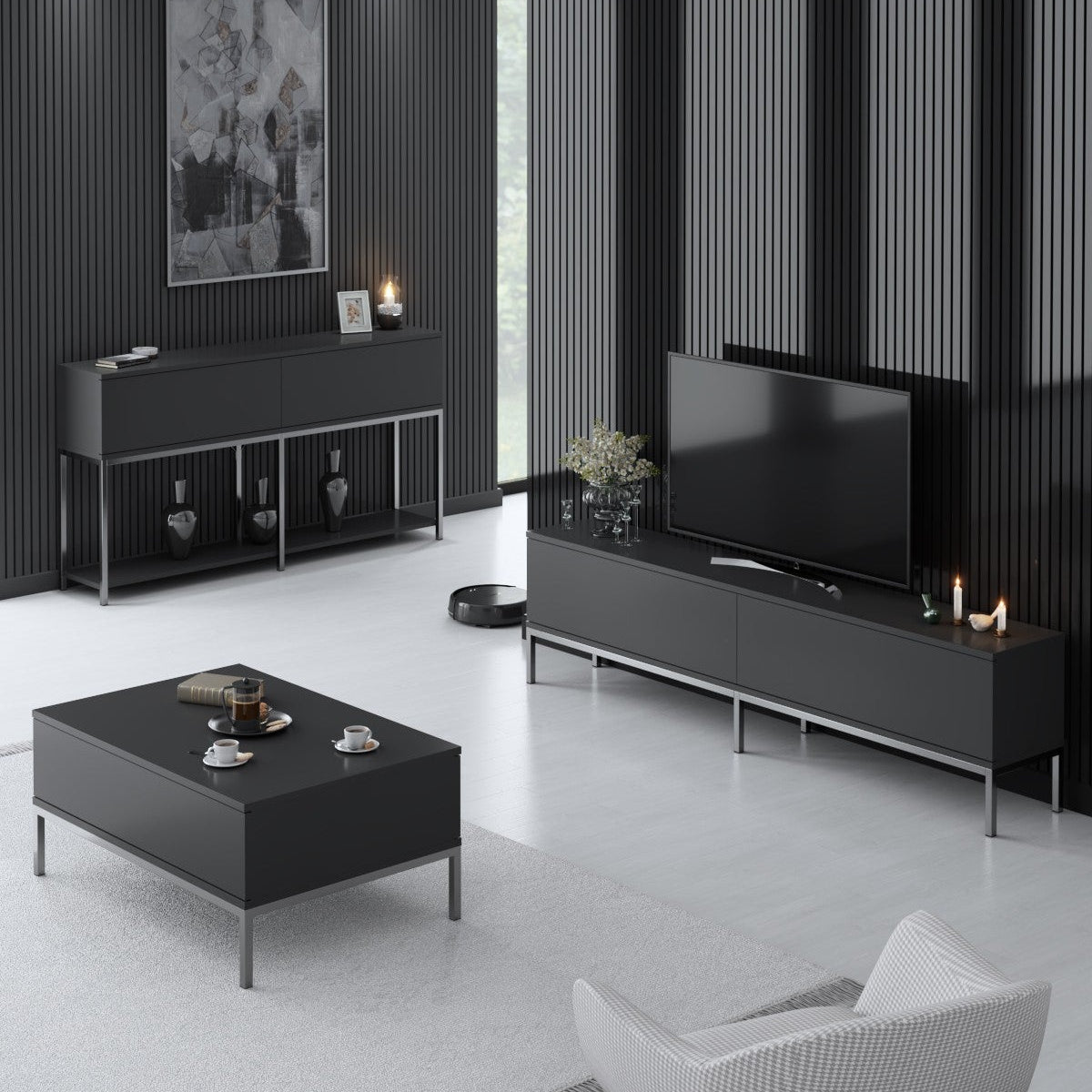 Furniture Set Anthracite Lord - Coffee Table + TV Cabinet + Dresser - Silver Frame