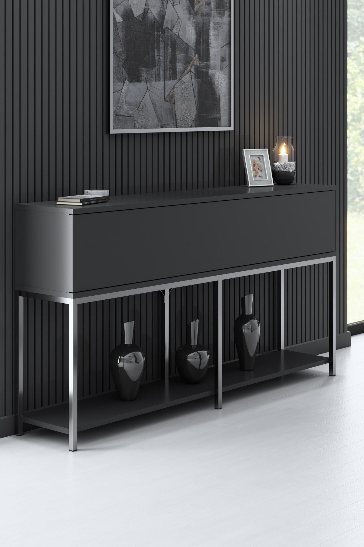 Furniture Set Anthracite Lord - Coffee Table + TV Cabinet + Dresser - Silver Frame