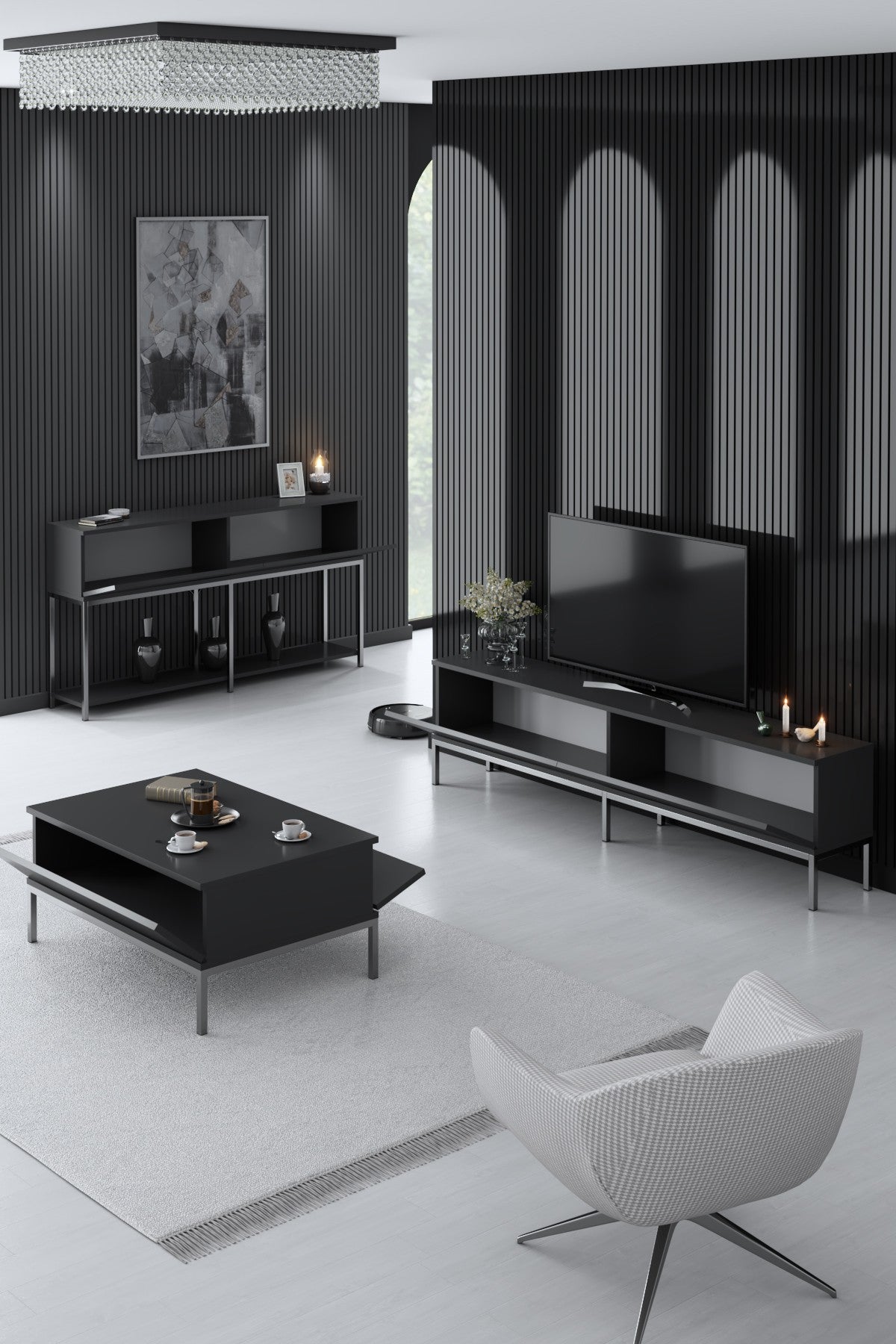Furniture Set Anthracite Lord - Coffee Table + TV Cabinet + Dresser - Silver Frame