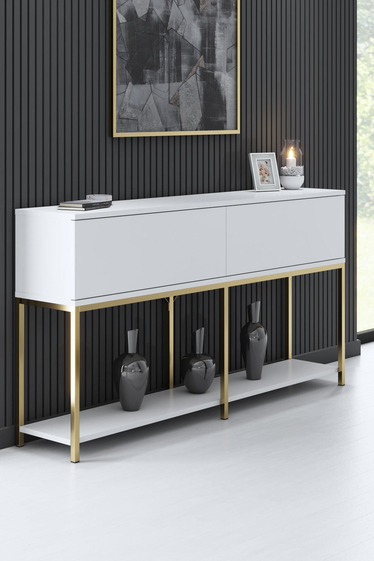 Furniture Set White Lord - Coffee Table + TV Cabinet + Sideboard - Gold Frame
