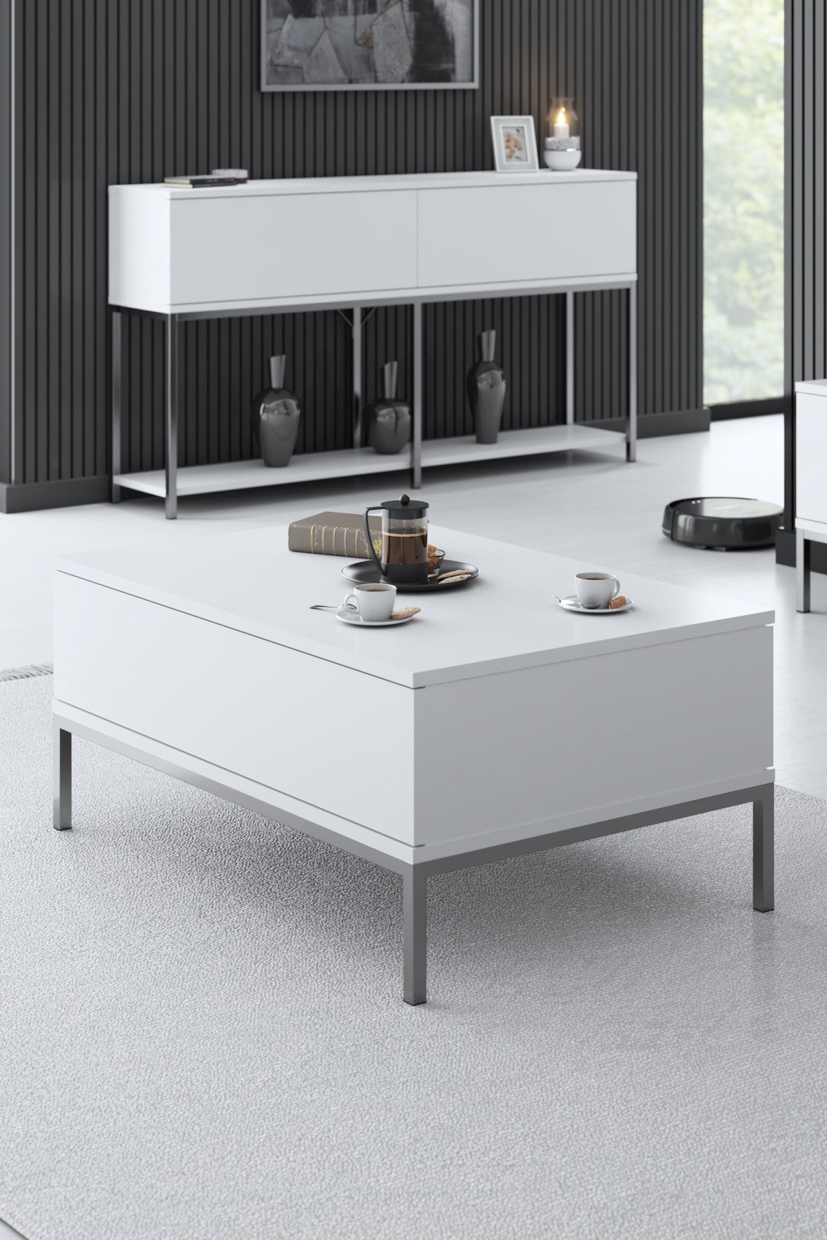White Lord Furniture Set - Coffee Table + TV Furniture + Sideboard - Silver Frame 
