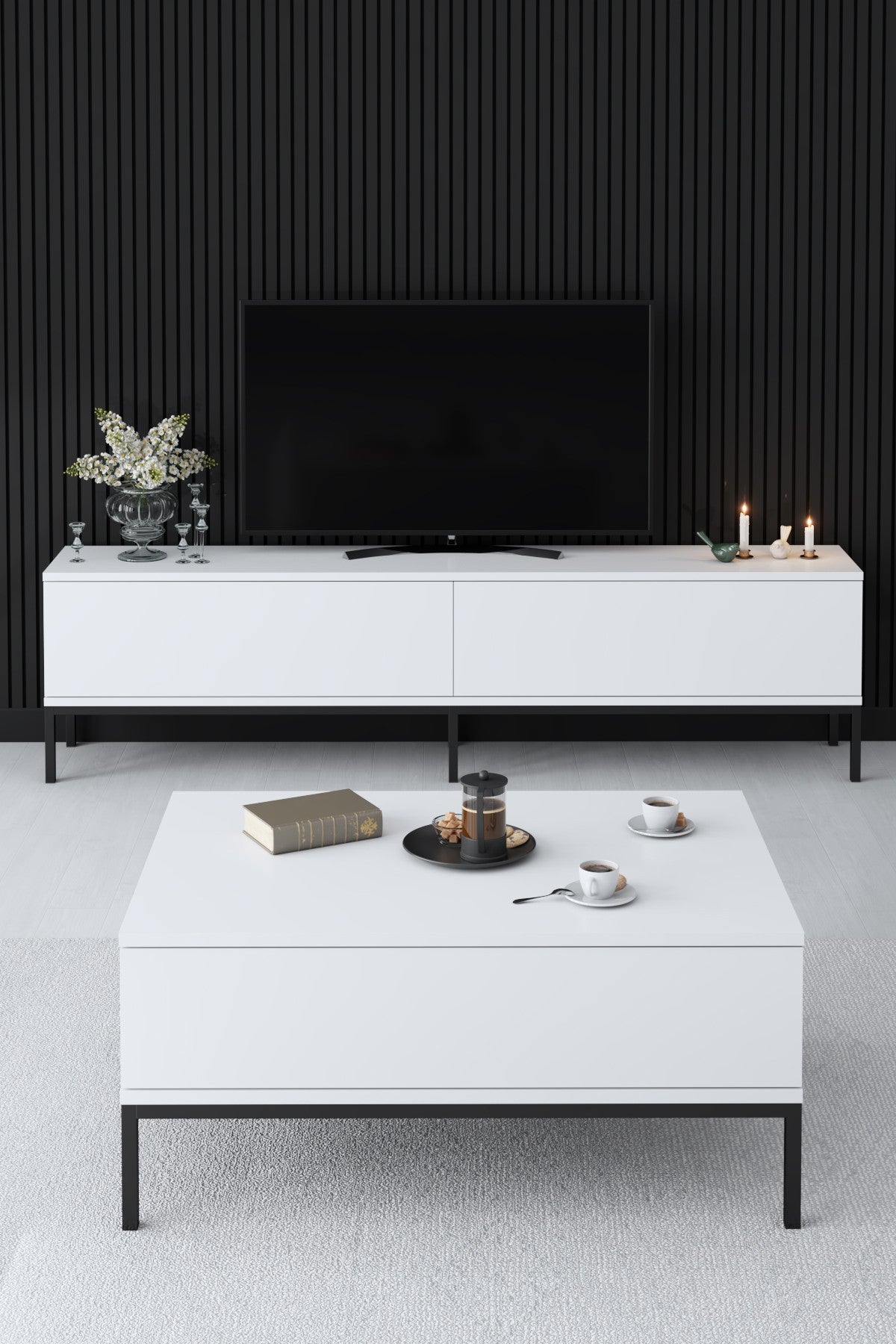 Meubelsets - Meubelset Wit Lord - Salontafel + TV Meubel + Dressoir - Zwart Frame - Dimehouse