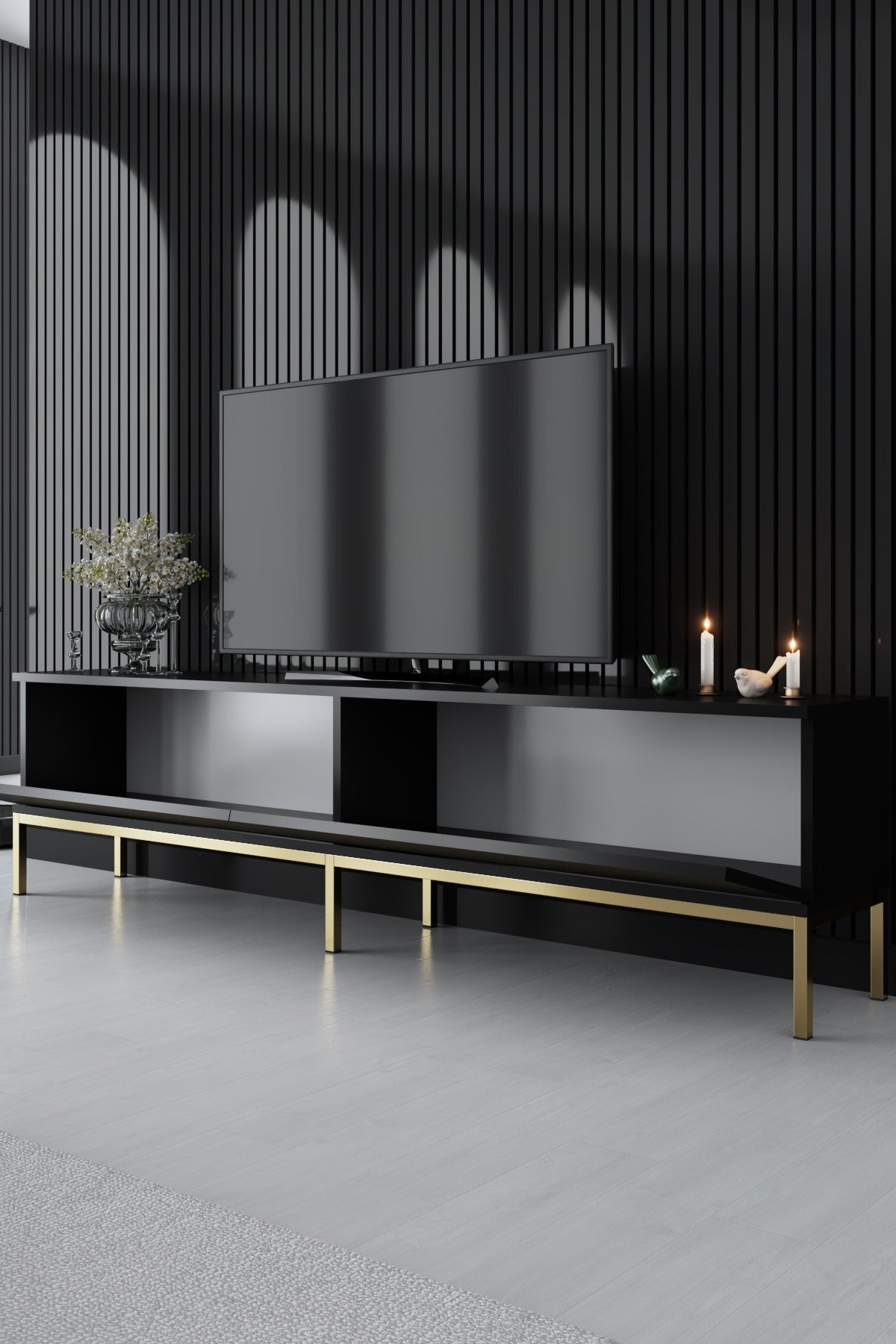 TV Meubels - TV Meubel Lord Zwart Goud Melamine 180x47x30 cm - Dimehouse
