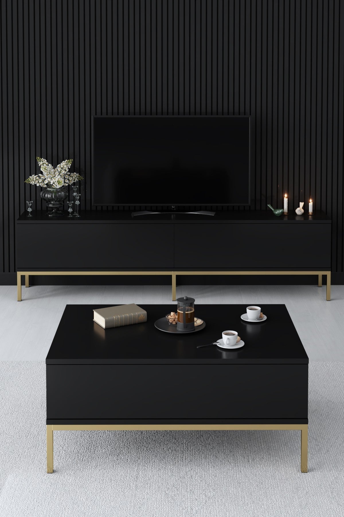 TV Meubels - TV Meubel Lord Zwart Goud Melamine 180x47x30 cm - Dimehouse