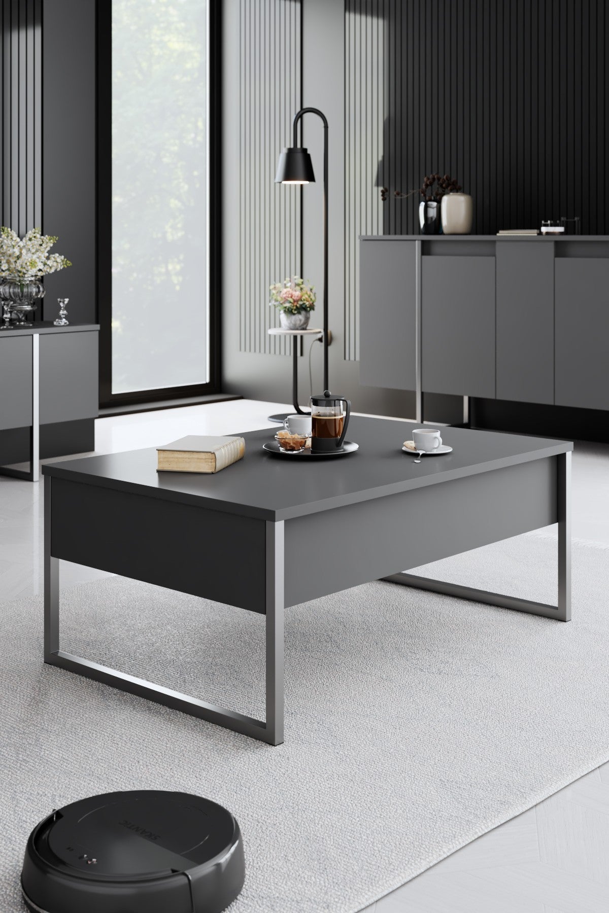Furniture Set Anthracite Luxe - Coffee Table + TV Cabinet + Dresser - Silver Frame