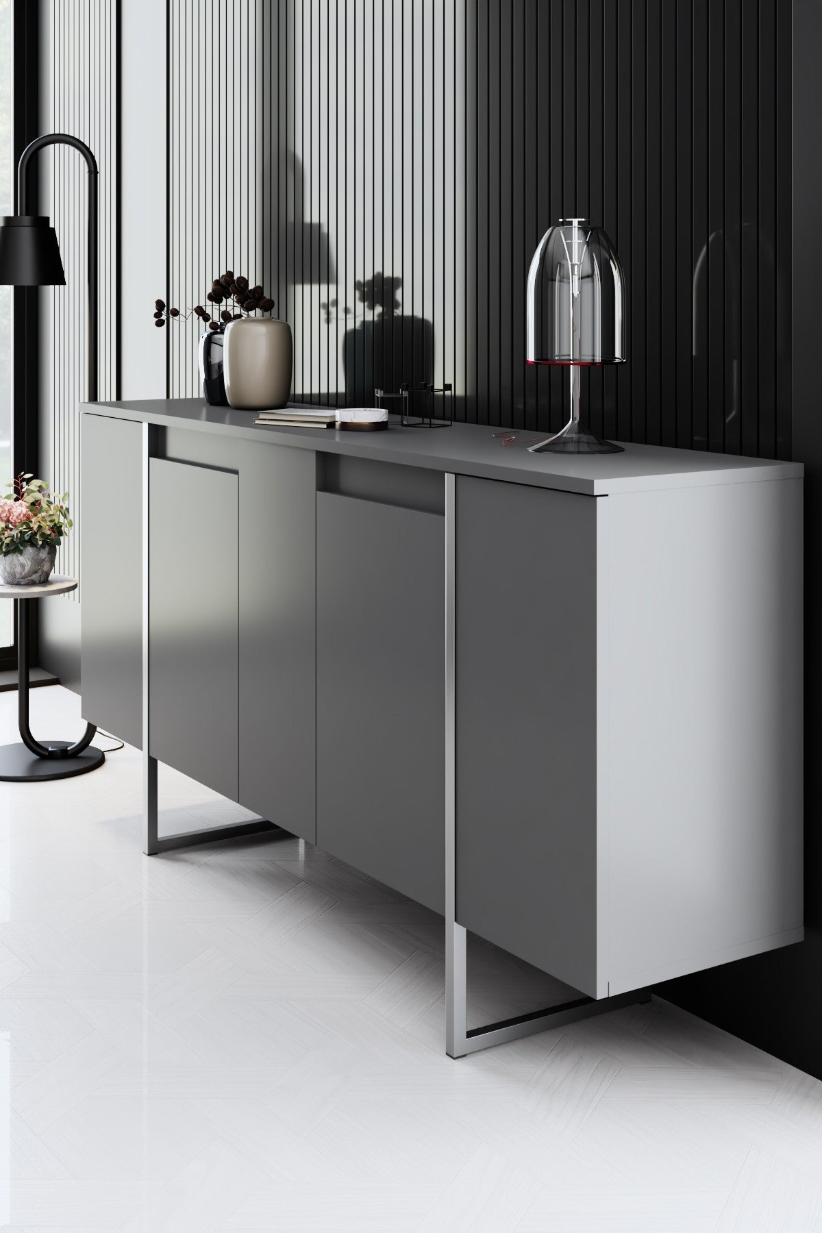 Furniture Set Anthracite Luxe - Coffee Table + TV Cabinet + Dresser - Silver Frame