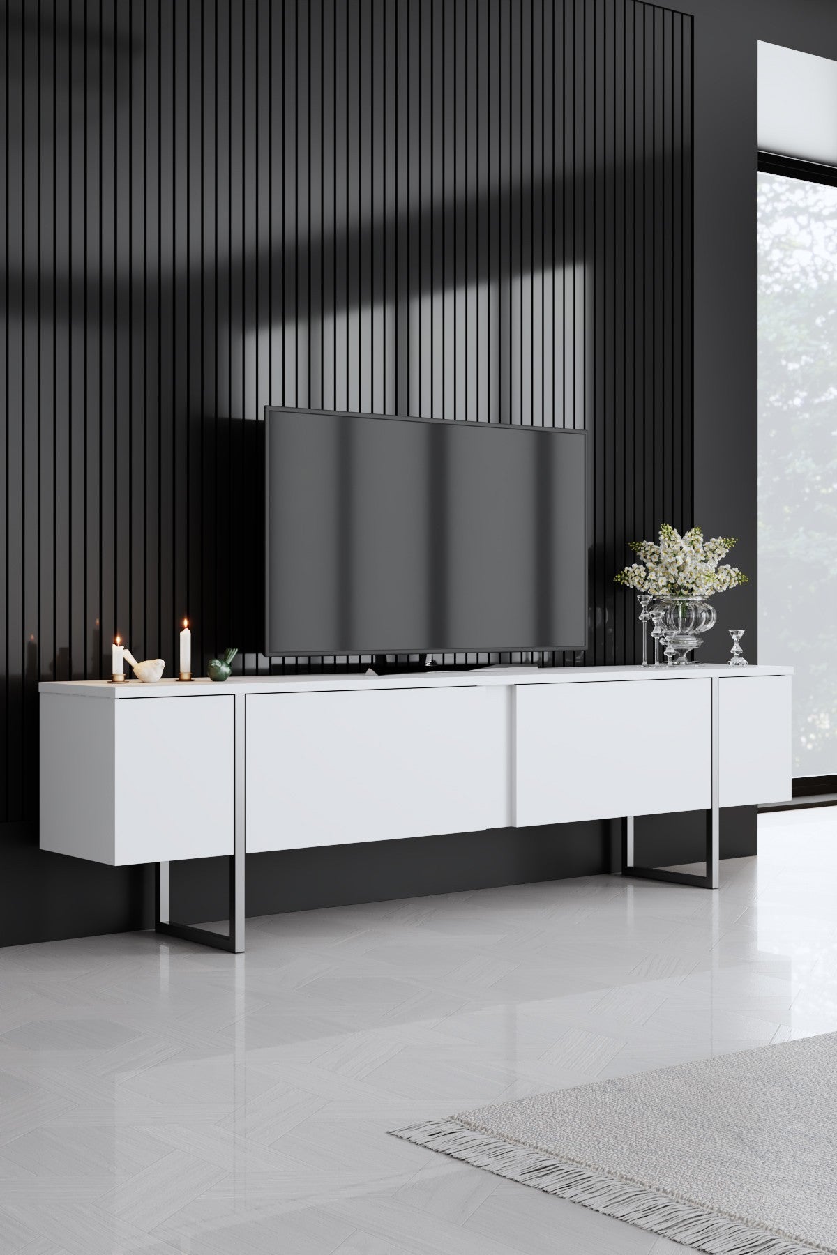 Furniture Set White Luxury - Coffee Table + TV Cabinet + Dresser Luxury - Silver Frame