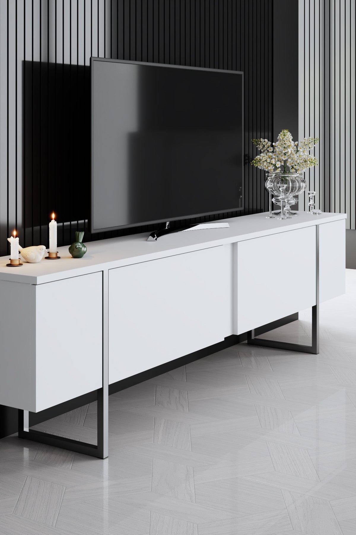 Furniture Set White Luxury - Coffee Table + TV Cabinet + Dresser Luxury - Silver Frame