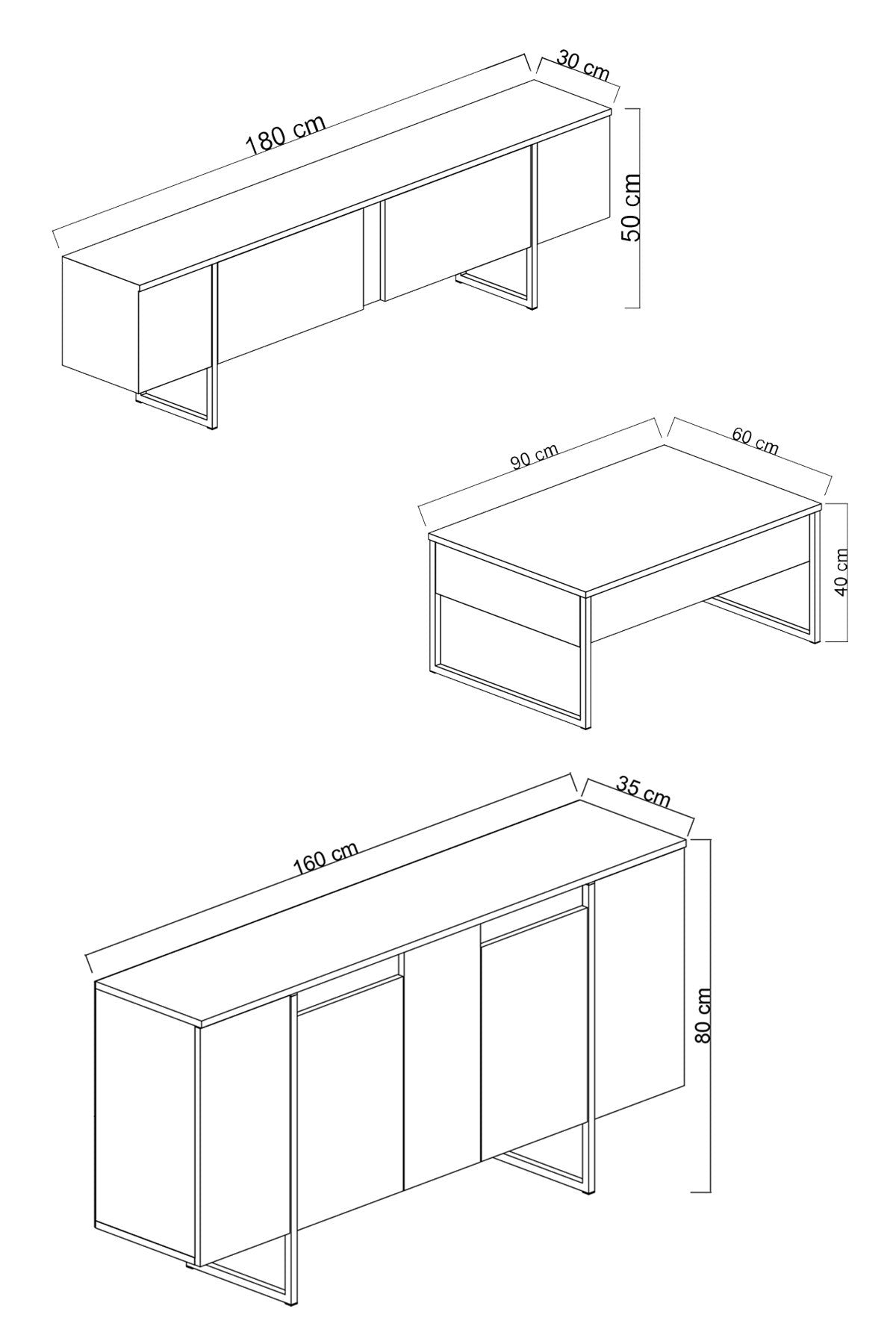 Furniture Set Walnut Luxe - Coffee table + TV cabinet + sideboard - Silver frame