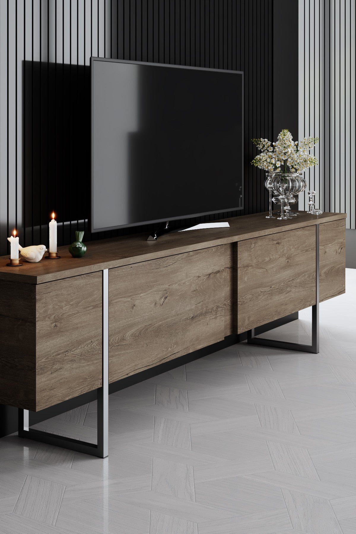 Furniture Set Walnut Luxe - Coffee table + TV cabinet + sideboard - Silver frame
