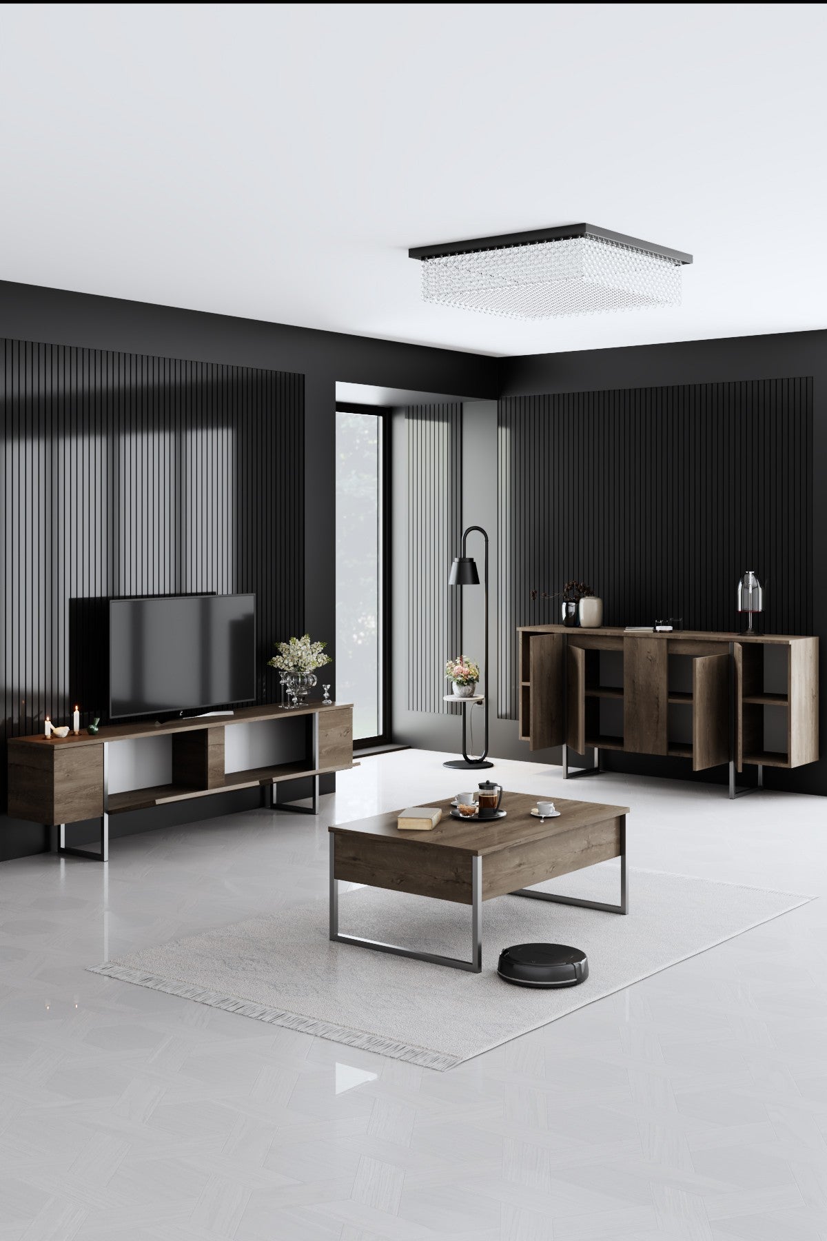 Furniture Set Walnut Luxe - Coffee table + TV cabinet + sideboard - Silver frame