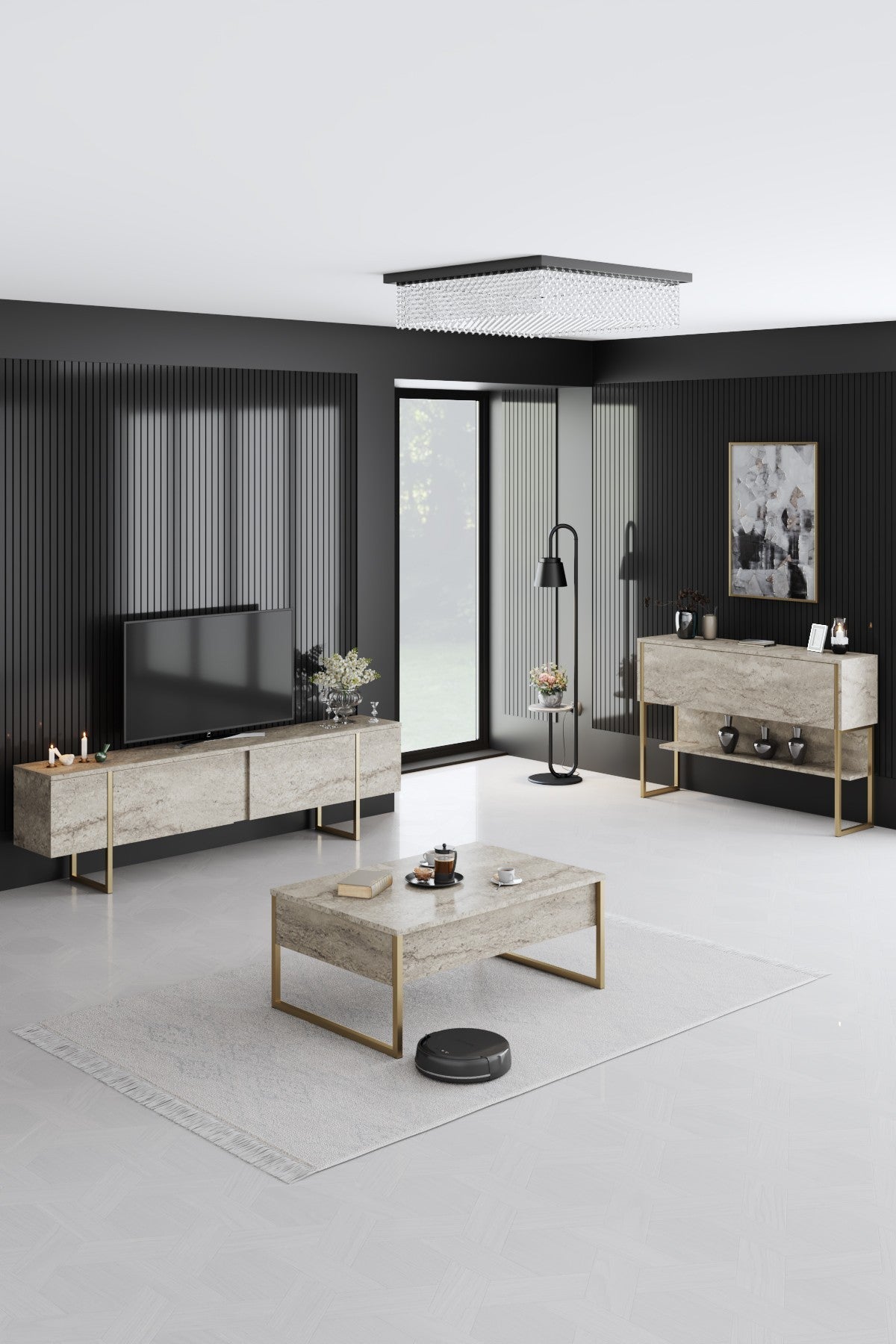 TV Meubels - TV Meubel Travertin Luxe 180x50x30 - Gouden Frame - Dimehouse