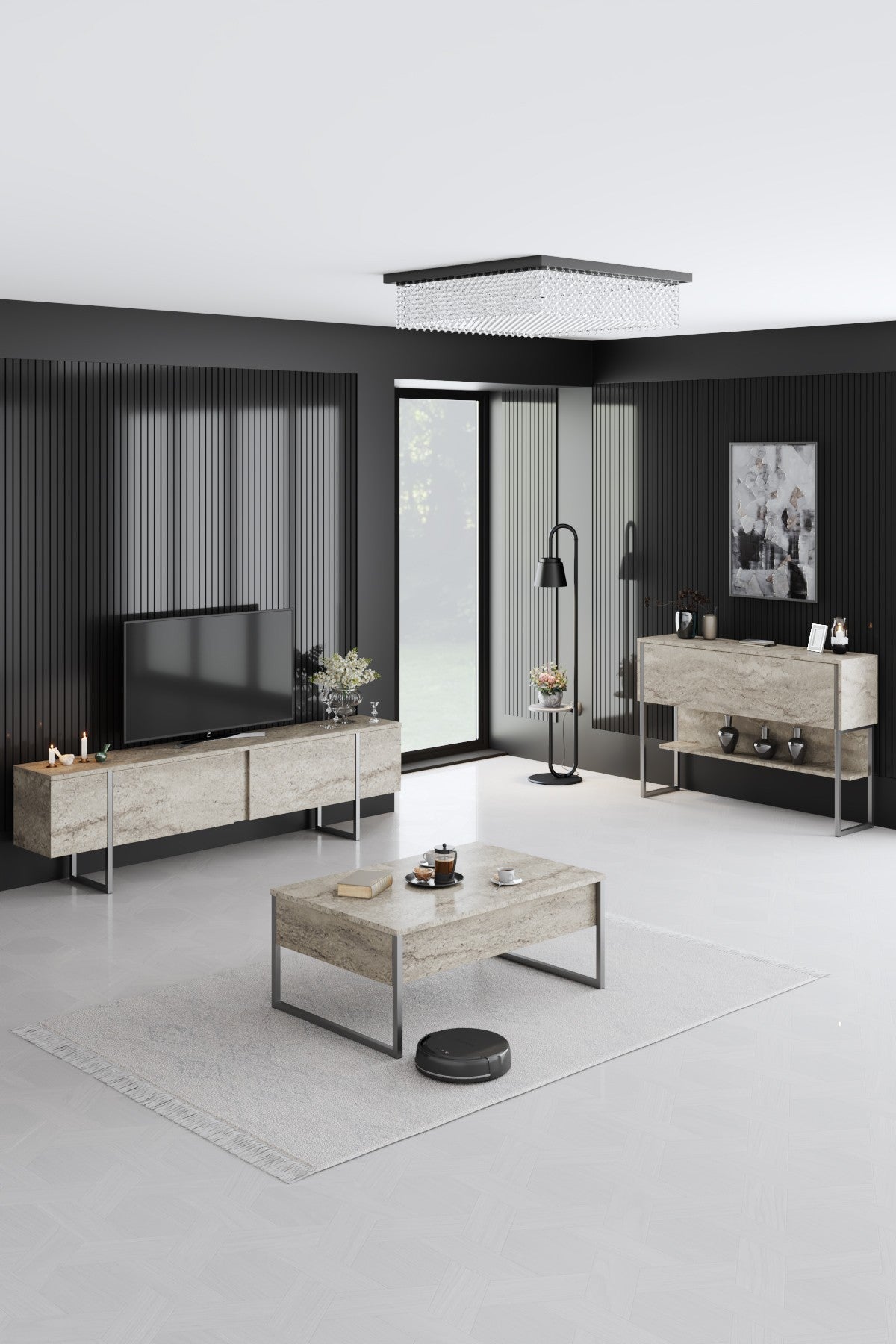 TV Meubels - TV Meubel Travertin Luxe 180x50x30 - Zilver Frame - Dimehouse