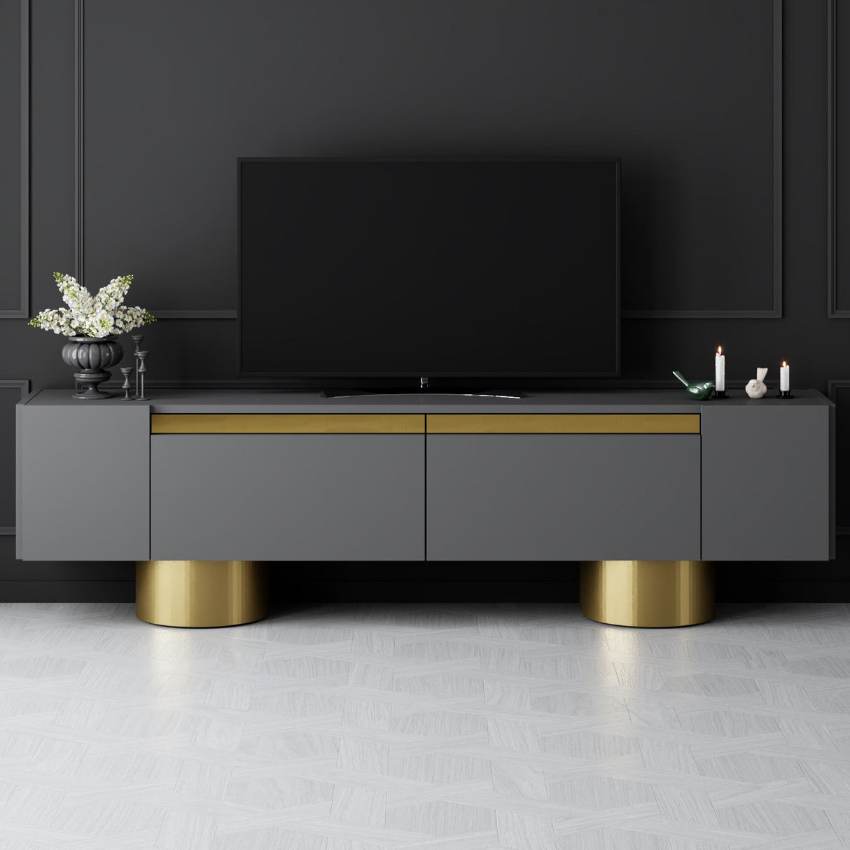 TV Meubels - TV Meubel Antraciet Bohem 180x50x30 - Gouden Frame - Dimehouse