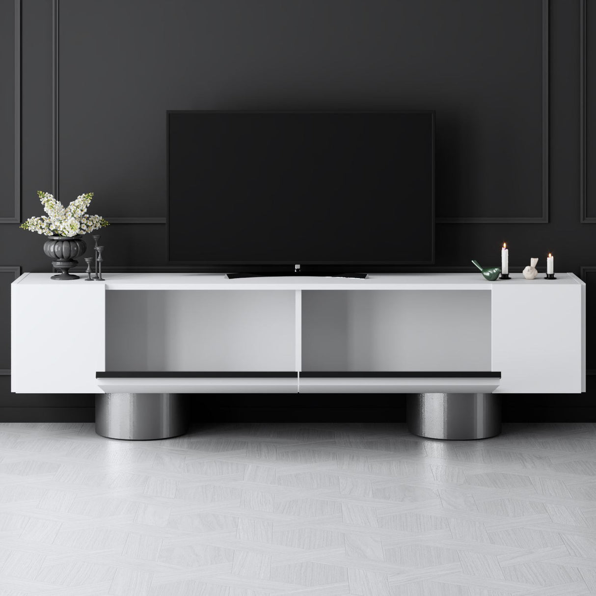 TV Meubels - TV Meubel Wit Bohem 180x50x30 - Zilver Frame - Dimehouse