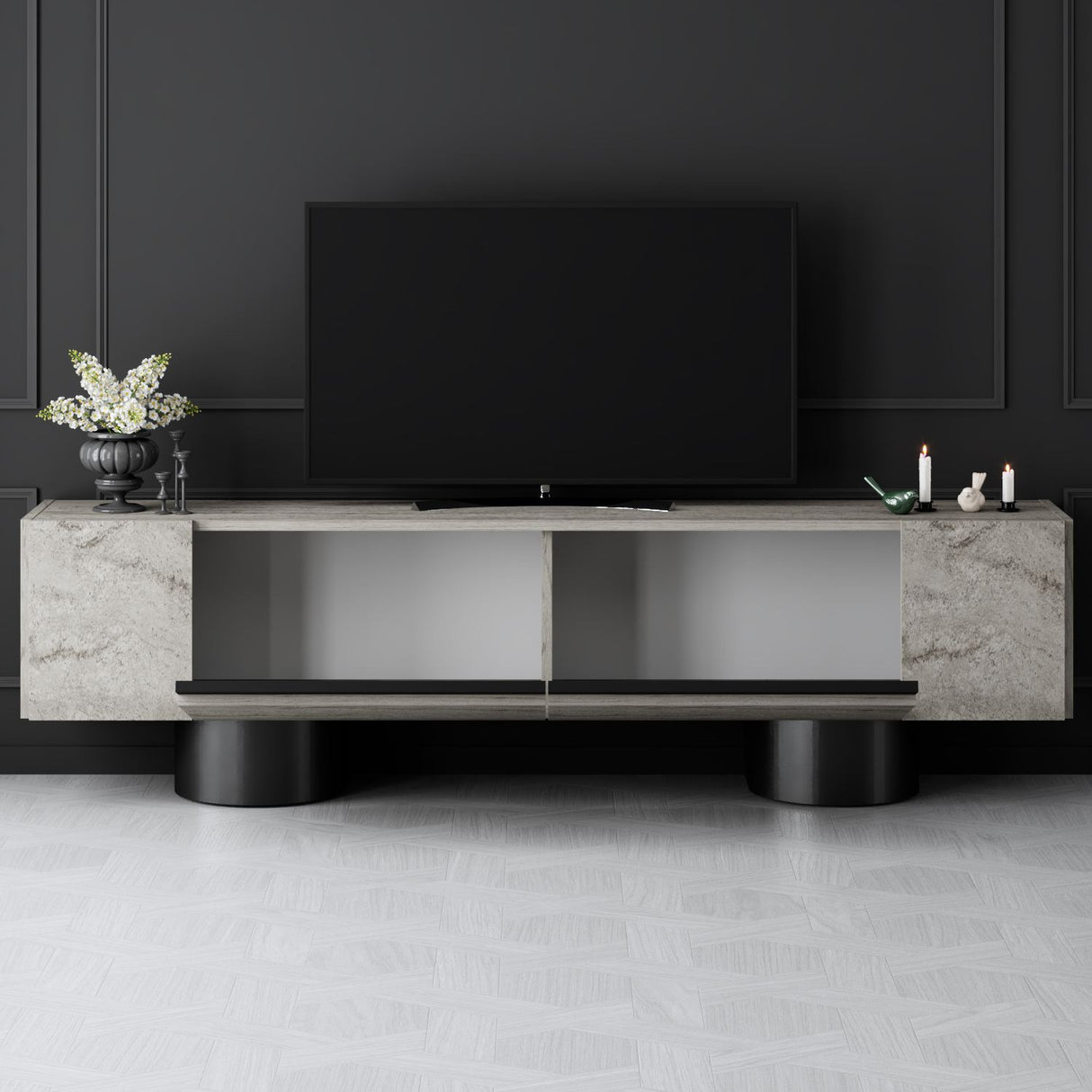 TV Meubels - TV Meubel Travertin Bohem 180x50x30 - Zwart Frame - Dimehouse