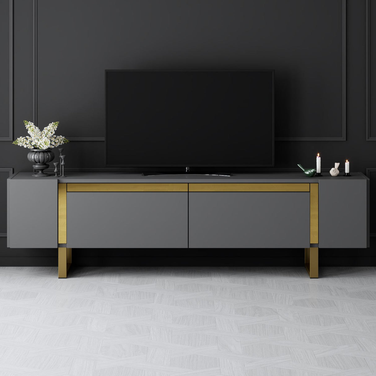 TV Meubels - TV Meubel Antraciet Yildiz 180x50x30 - Gouden Frame - Dimehouse