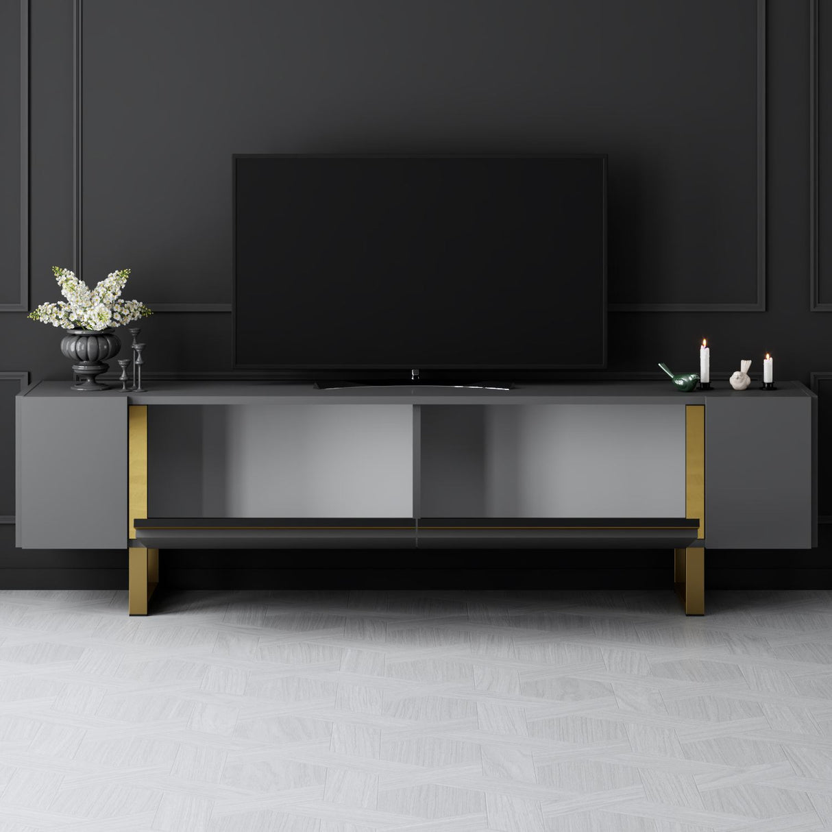 TV Meubels - TV Meubel Antraciet Yildiz 180x50x30 - Gouden Frame - Dimehouse