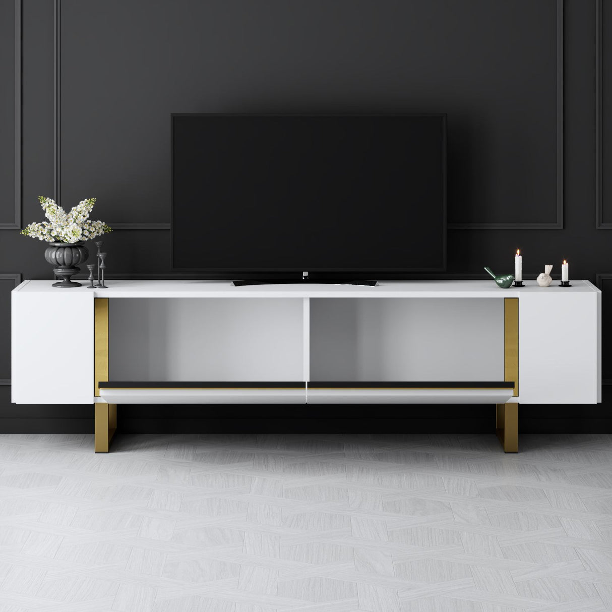 TV Meubels - TV Meubel Wit Yildiz 180x50x30 - Gouden Frame - Dimehouse