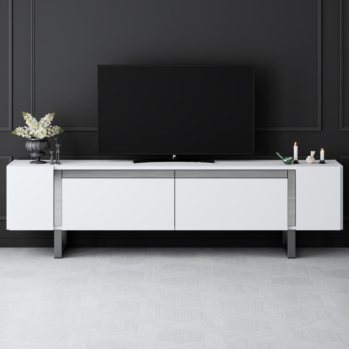 TV Meubels - TV Meubel Wit Yildiz 180x50x30 - Zilver Frame - Dimehouse