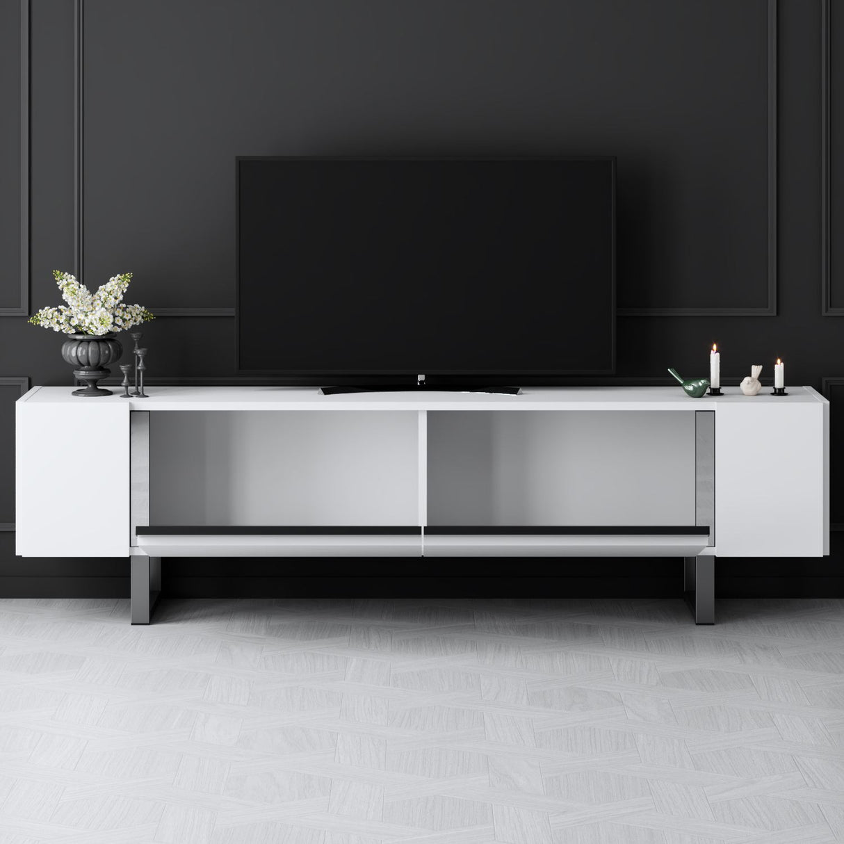TV Meubels - TV Meubel Wit Yildiz 180x50x30 - Zilver Frame - Dimehouse