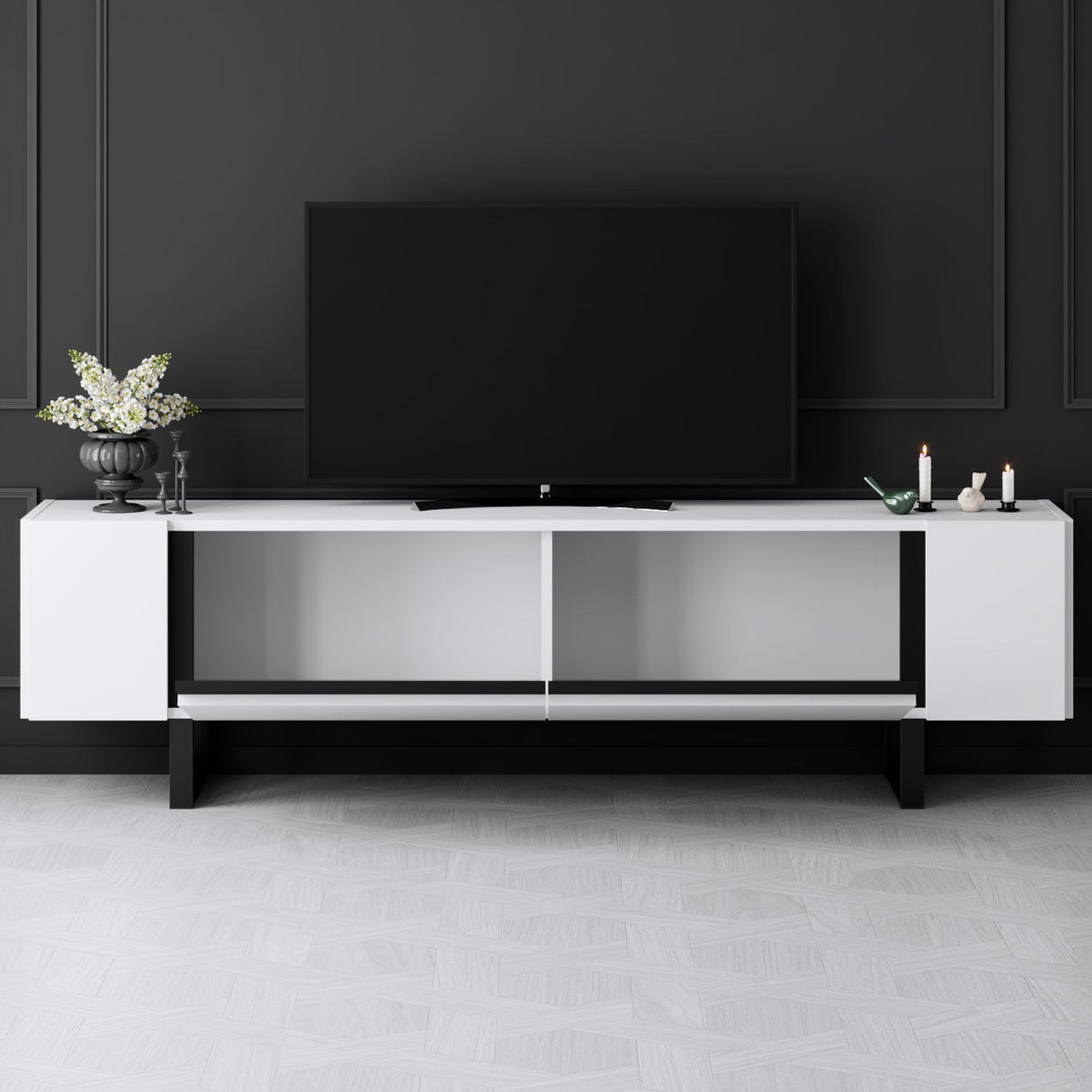 TV Meubels - TV Meubel Wit Yildiz 180x50x30 - Zwart Frame - Dimehouse