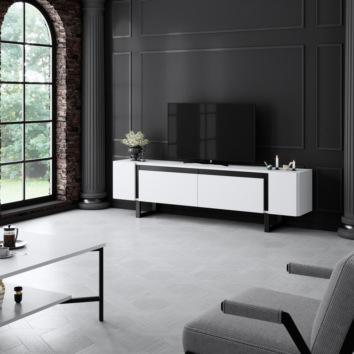 TV Meubels - TV Meubel Wit Yildiz 180x50x30 - Zwart Frame - Dimehouse