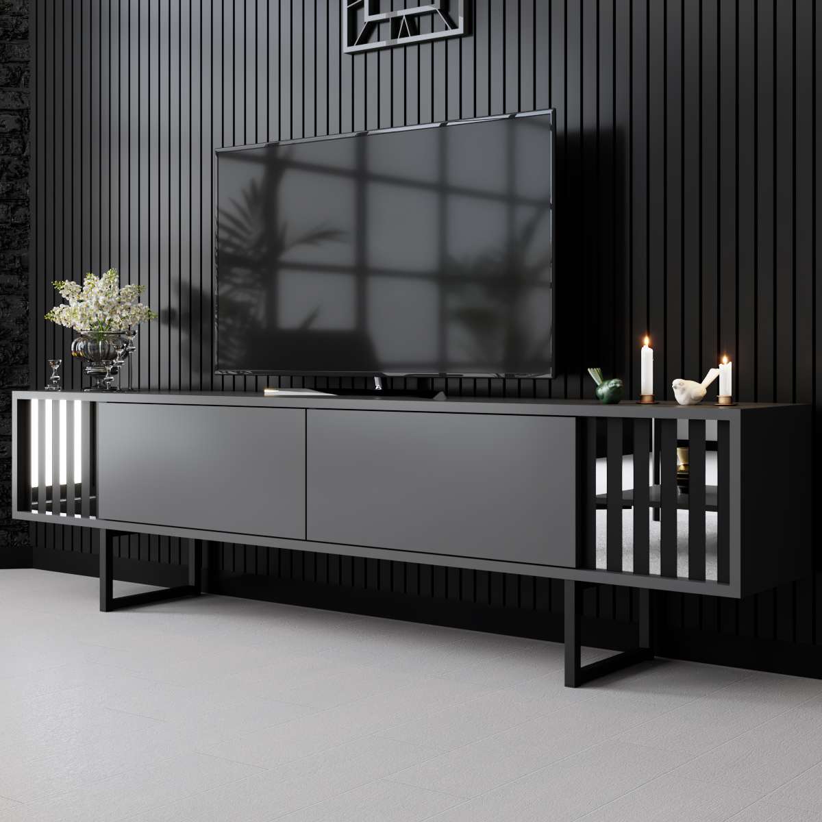 TV Meubels - TV Meubel Antraciet Chrome Line 180x48x30 - Zwart Frame - Dimehouse