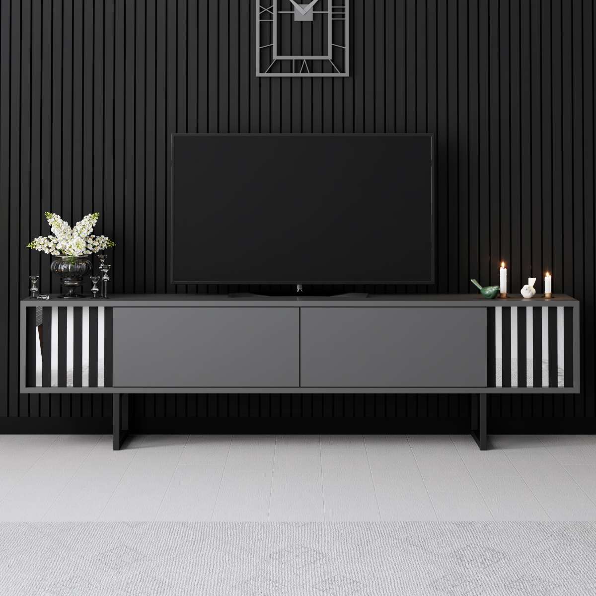 TV Meubels - TV Meubel Antraciet Chrome Line 180x48x30 - Zwart Frame - Dimehouse